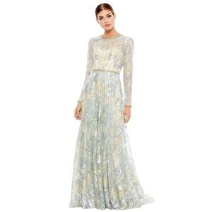 NWT Mac‎ Duggal Jewel Neckline Sequined Lace Evening Gown Platinum Size 12